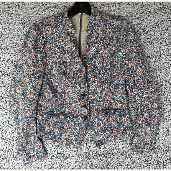 Free People Jackets & Blazers - Free People Floral Print Structured Blazer Jacket Size 8 Blue Pink Boho Cotton